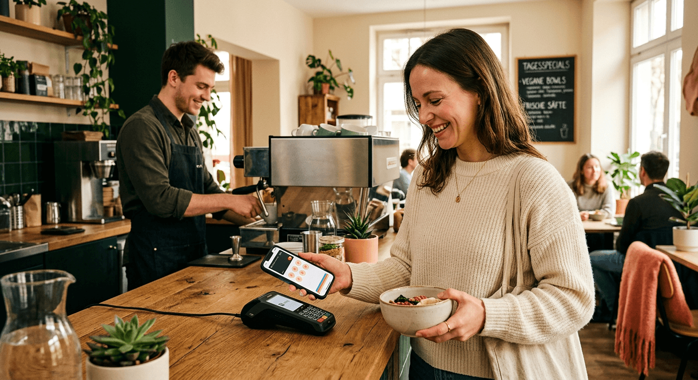 Ein Gast zeigt an der Kasse eines Cafés seine digitale Stempelkarte auf dem Handy